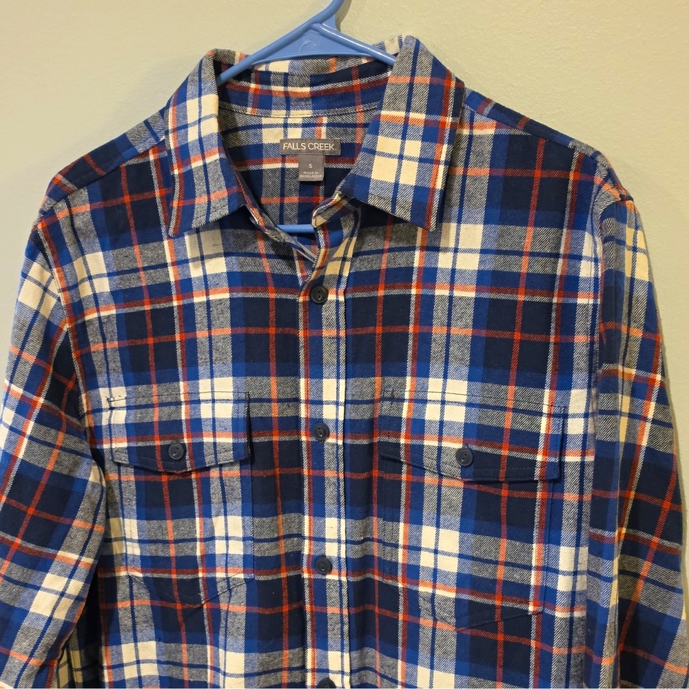 Falls Creek Men's Cotton Flannel Plaid LS Button-Up Pockets S Blue/Orange #297